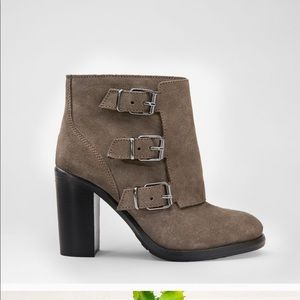 All saints Kurve gray suede buckle heeled booties